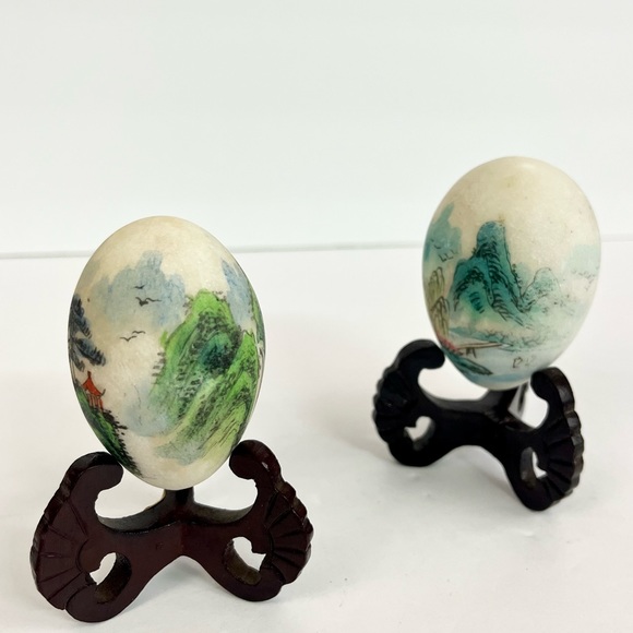 Vintage Set of Hand Painted Oriental Landscape Stone Egg - Picture 2 of 12
